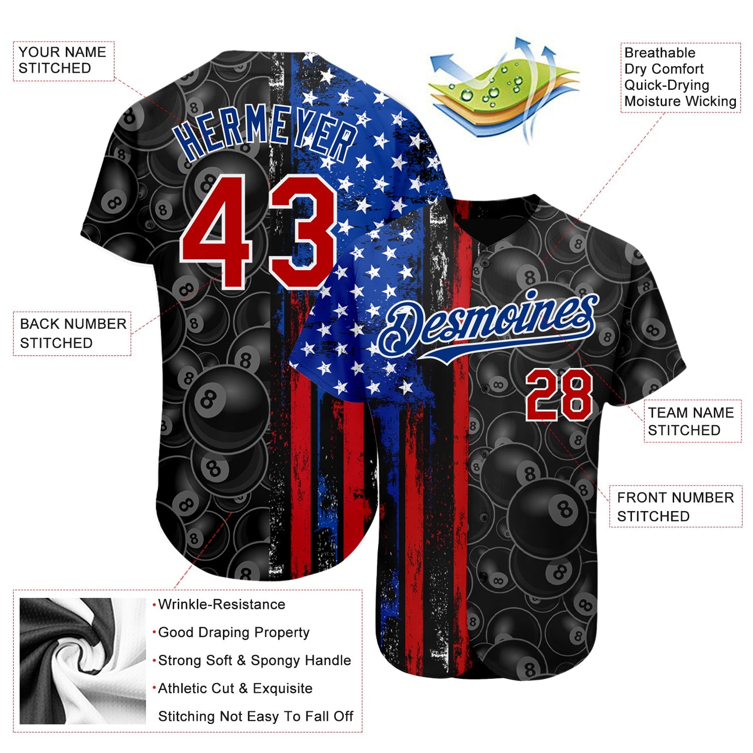 Custom Black Red-Royal 3D Pattern Design Billiards Snooker 8 Ball American Flag Authentic Baseball Jersey view 3