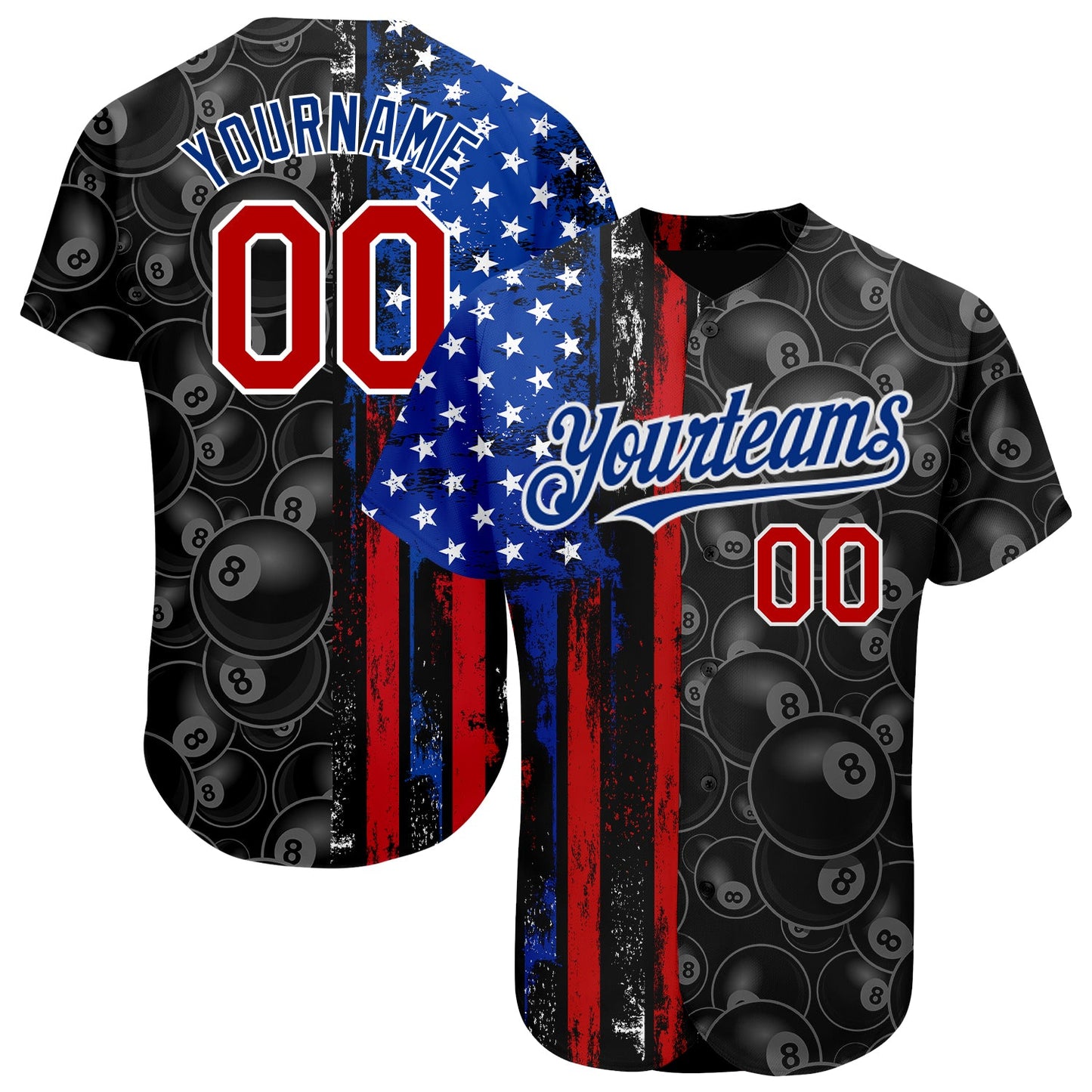 Custom Black Red-Royal 3D Pattern Design Billiards Snooker 8 Ball American Flag Authentic Baseball Jersey - Main View