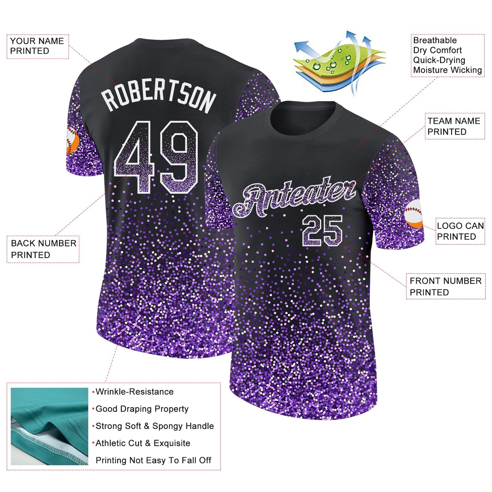 Custom Black Purple-White Colorful Sparkle Gradient Dots Performance T-Shirt view 2