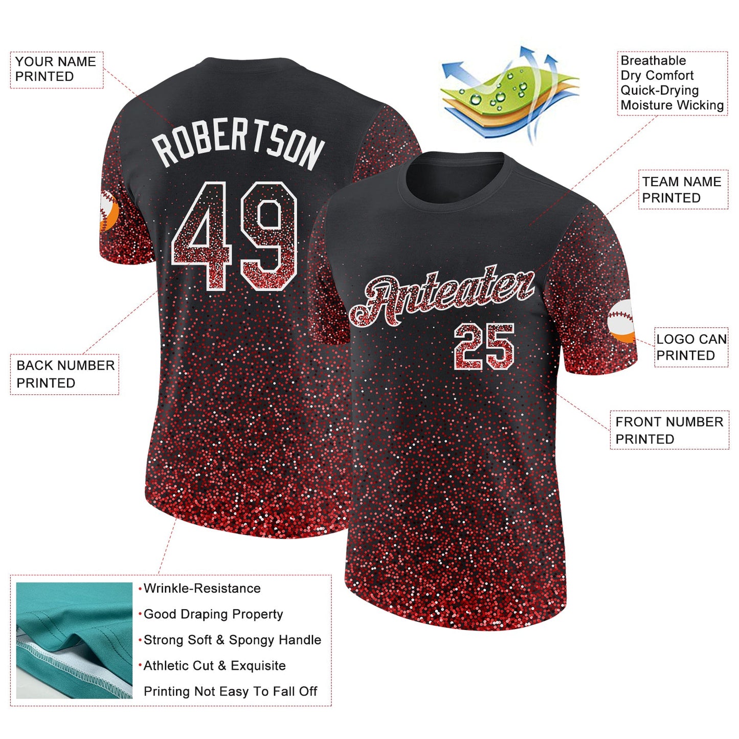 Custom Black Red-White Colorful Sparkle Gradient Dots Performance T-Shirt view 2