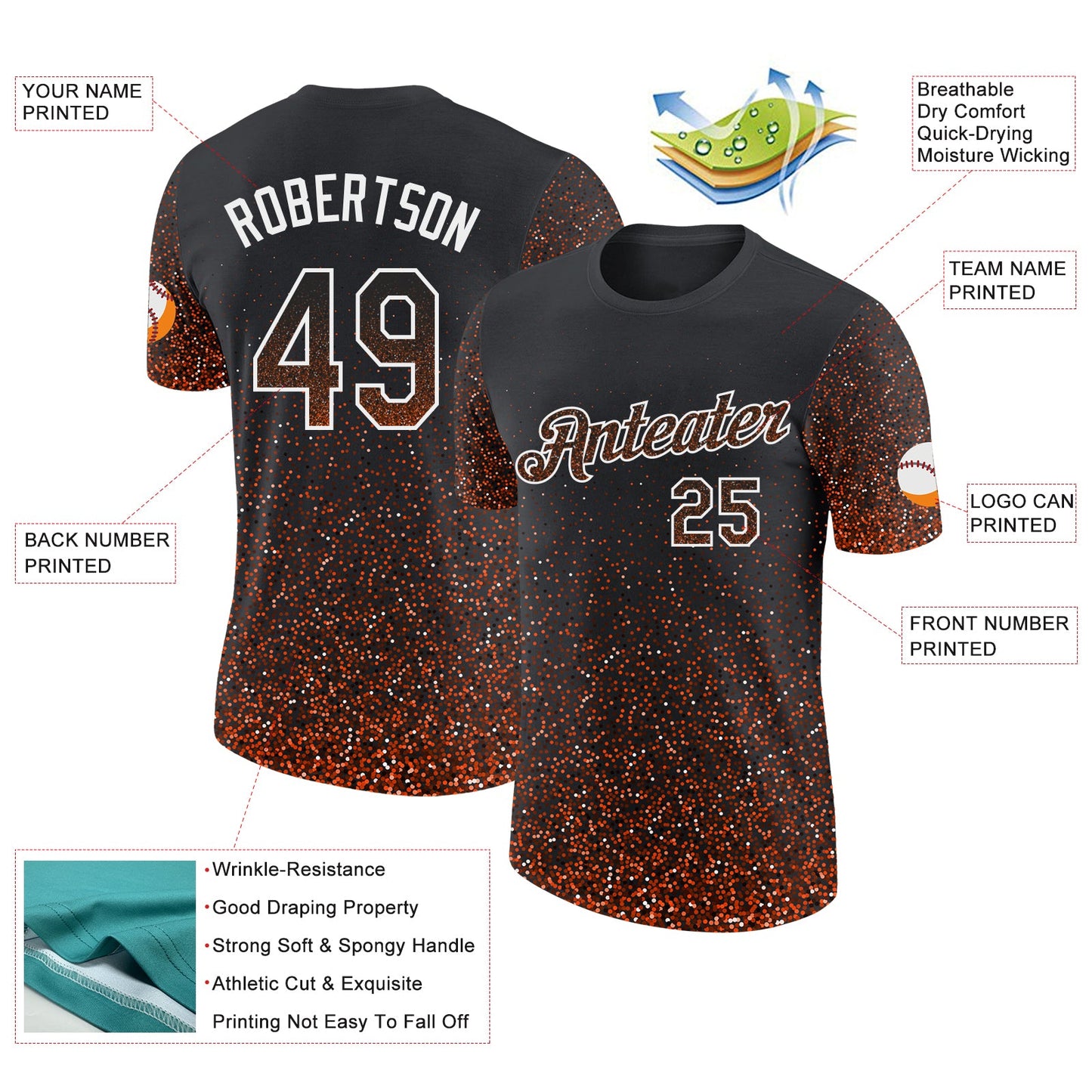 Custom Black Orange-White Colorful Sparkle Gradient Dots Performance T-Shirt view 2