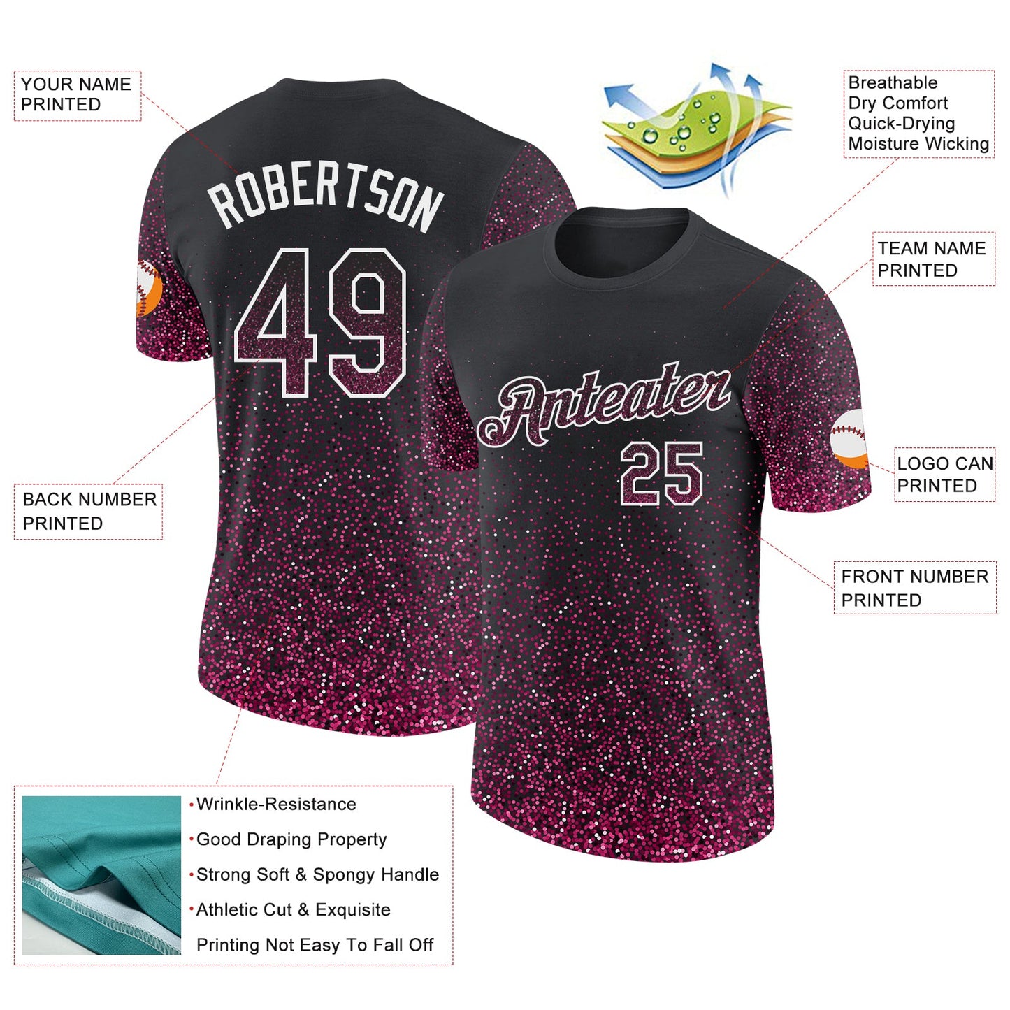 Custom Black Pink-White Colorful Sparkle Gradient Dots Performance T-Shirt view 2
