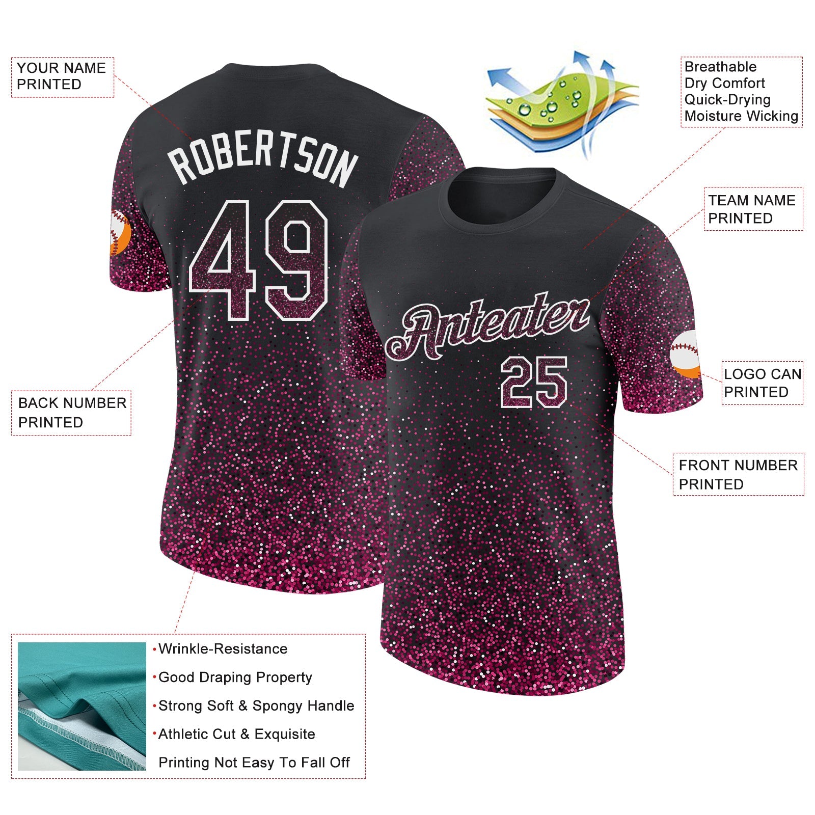 Custom Black Pink-White Colorful Sparkle Gradient Dots Performance T-Shirt view 2