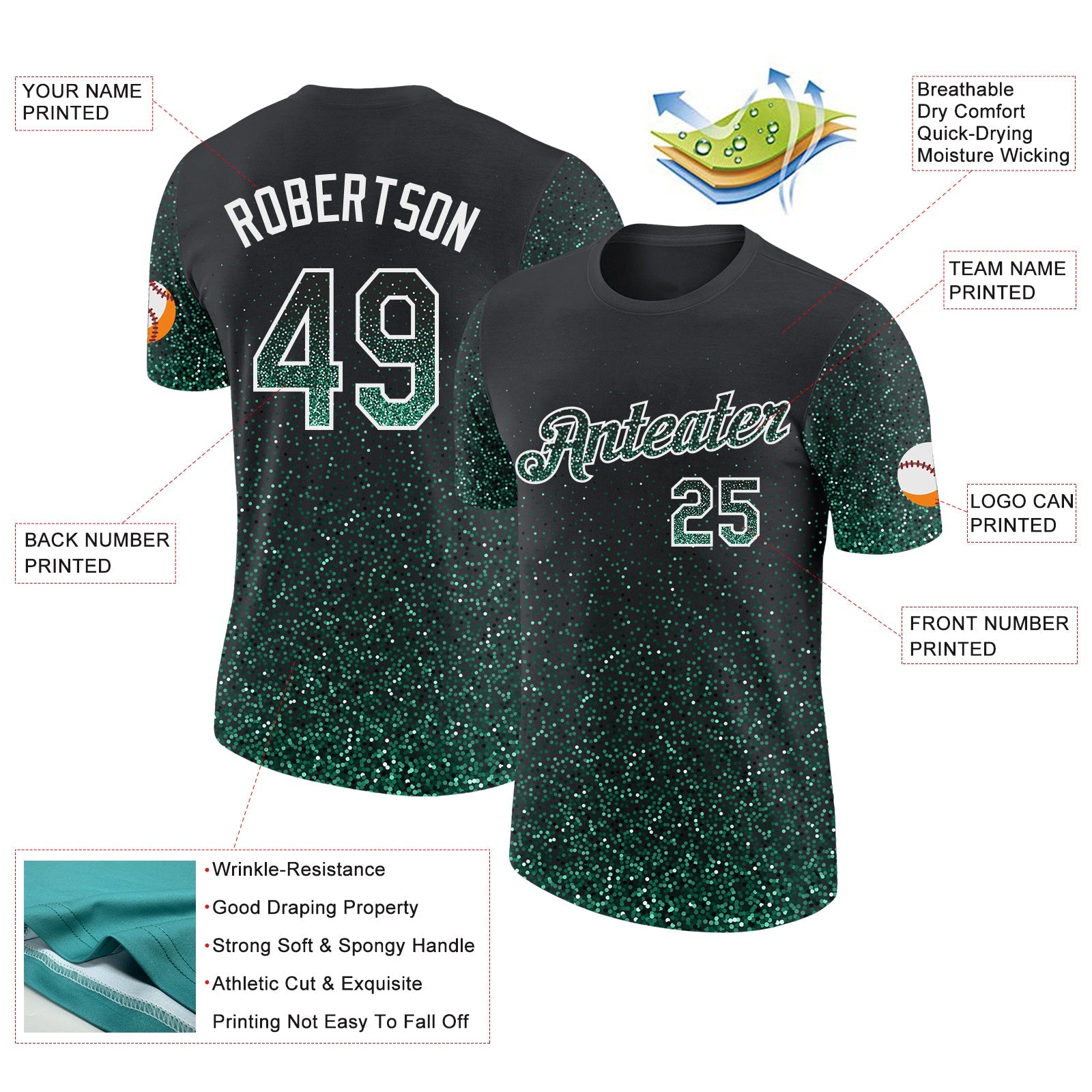 Custom Black Kelly Green-White Colorful Sparkle Gradient Dots Performance T-Shirt view 2