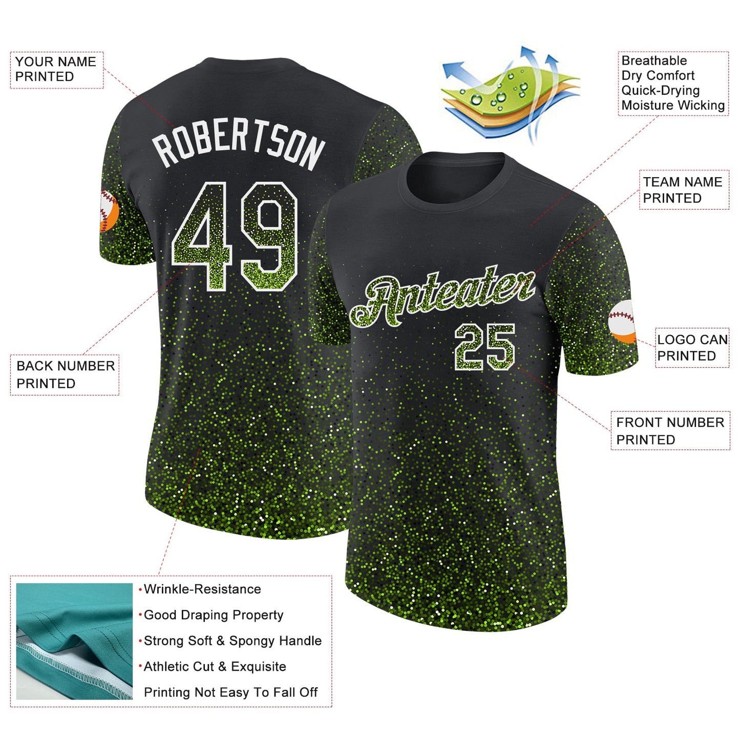 Custom Black Neon Green-White Colorful Sparkle Gradient Dots Performance T-Shirt view 2
