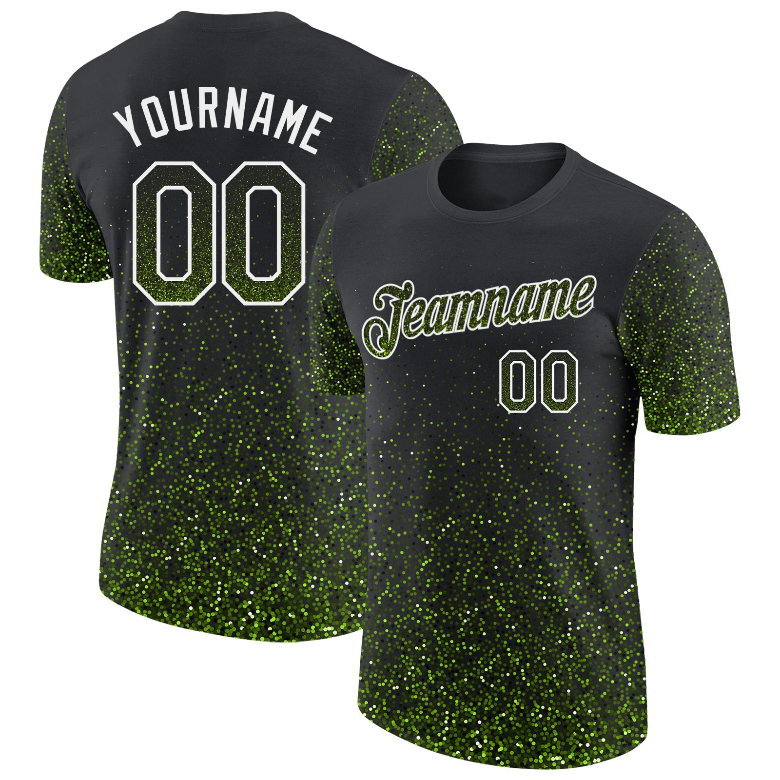 Custom Black Neon Green-White Colorful Sparkle Gradient Dots Performance T-Shirt - Main View