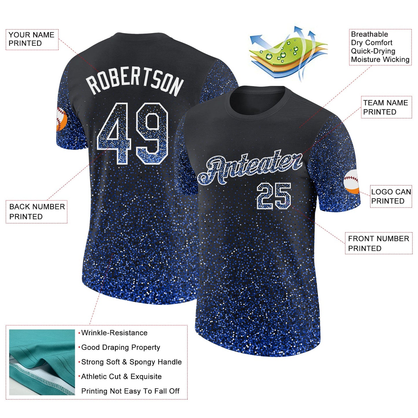 Custom Black Thunder Blue-White Colorful Sparkle Gradient Dots Performance T-Shirt view 2