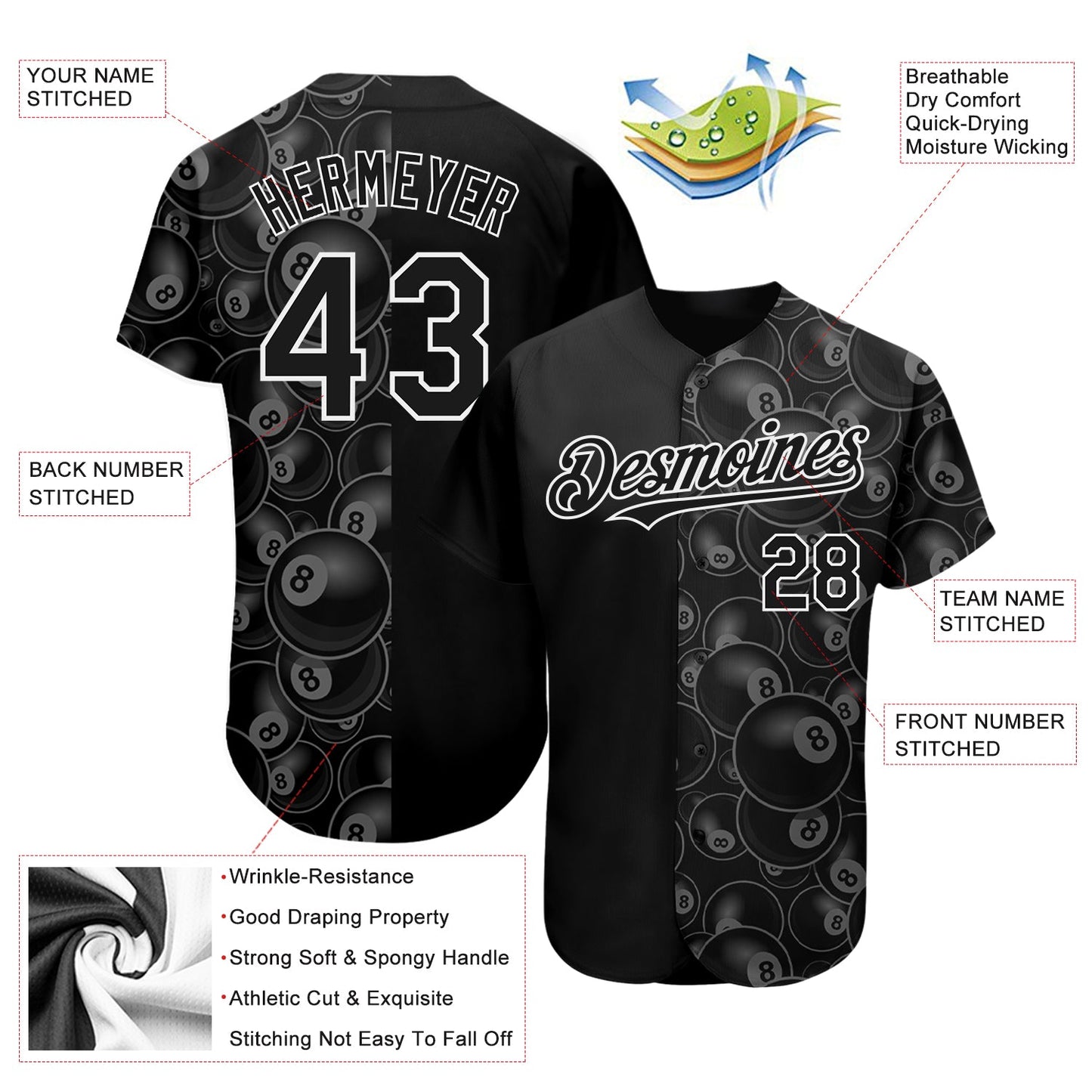 Custom Black White 3D Pattern Design Billiards Snooker 8 Ball Authentic Baseball Jersey view 3