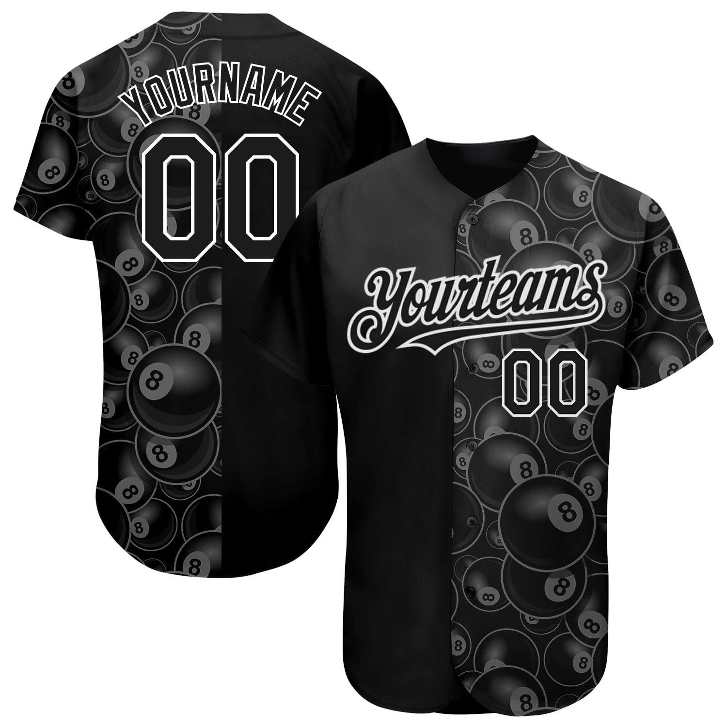 Custom Black White 3D Pattern Design Billiards Snooker 8 Ball Authentic Baseball Jersey - Main View