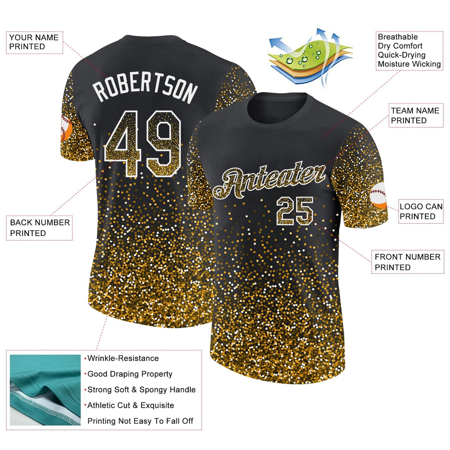 Custom Black Gold-White Colorful Sparkle Gradient Dots Performance T-Shirt view 2