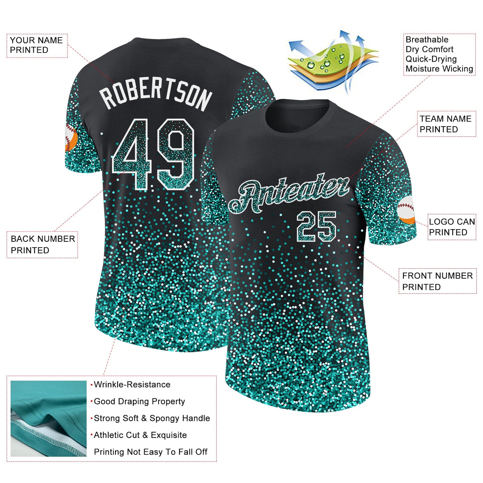 Custom Black Aqua-White Colorful Sparkle Gradient Dots Performance T-Shirt view 2