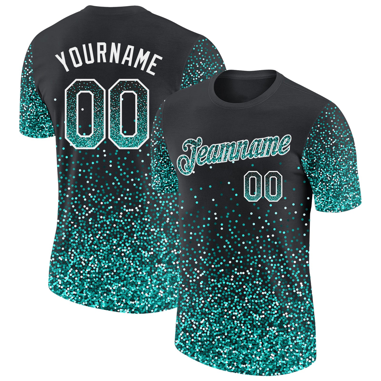 Custom Black Aqua-White Colorful Sparkle Gradient Dots Performance T-Shirt - Main View