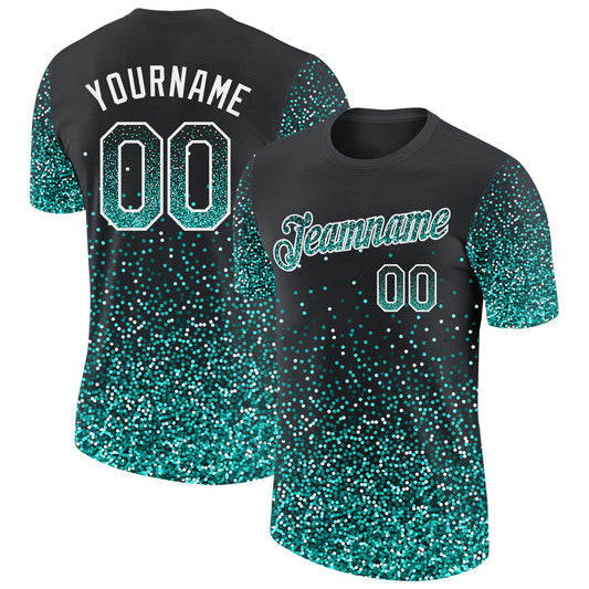 Custom Black Aqua-White Colorful Sparkle Gradient Dots Performance T-Shirt - Main View
