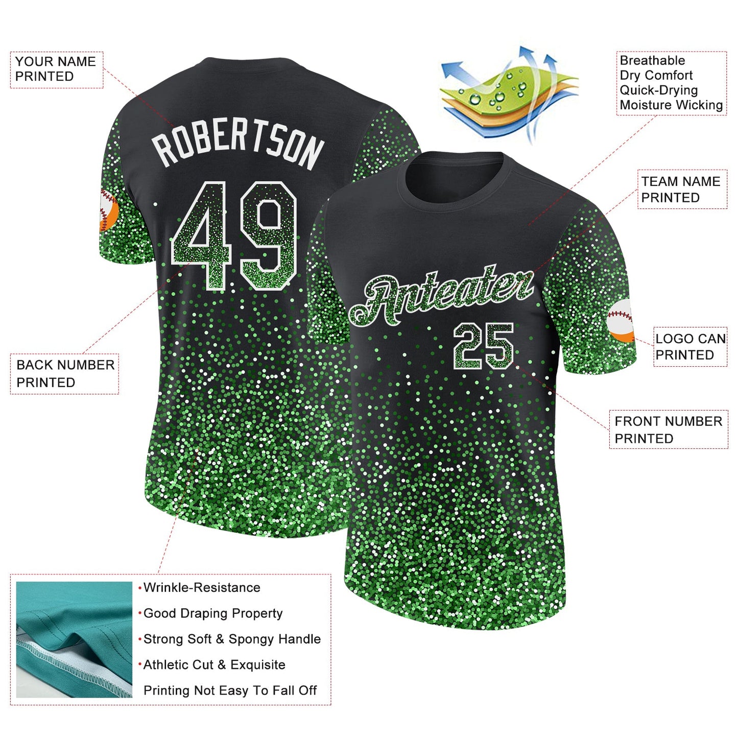 Custom Black Pea Green-White Colorful Sparkle Gradient Dots Performance T-Shirt view 2