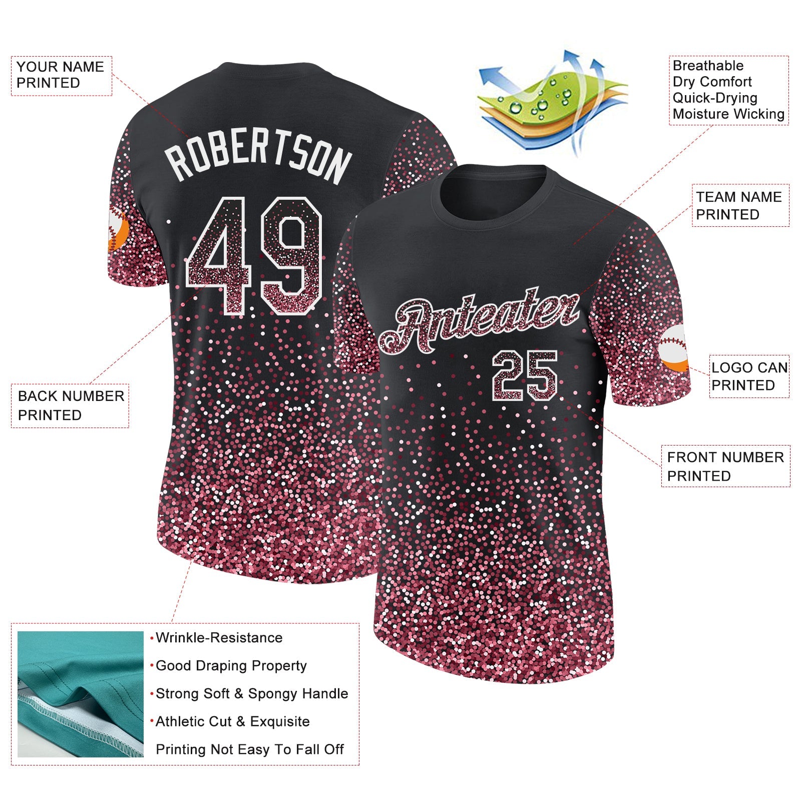 Custom Black Crimson-White Colorful Sparkle Gradient Dots Performance T-Shirt view 2
