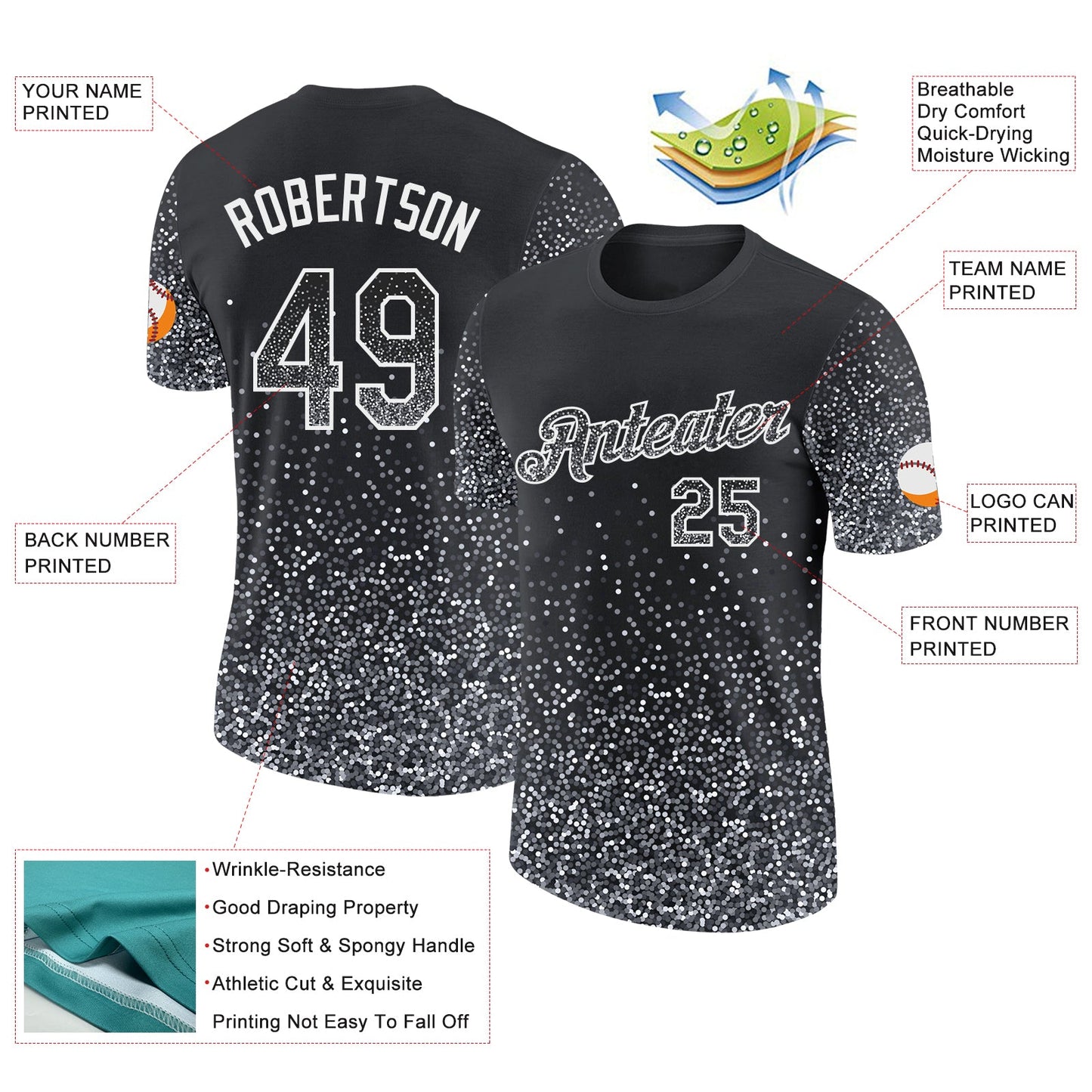 Custom Black Gray-White Colorful Sparkle Gradient Dots Performance T-Shirt view 2