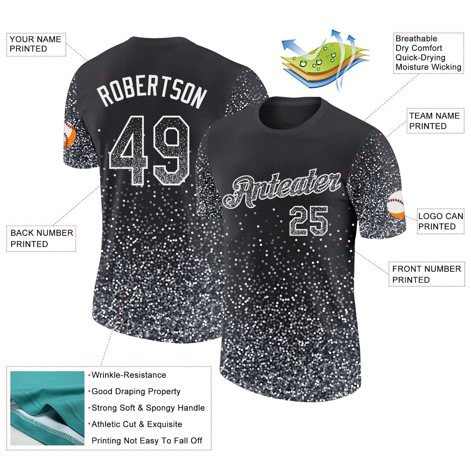 Custom Black Gray-White Colorful Sparkle Gradient Dots Performance T-Shirt view 2
