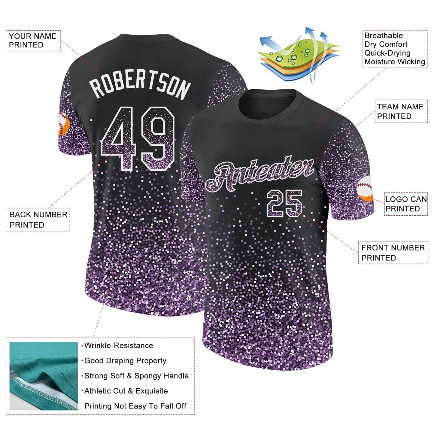 Custom Black Light Purple-White Colorful Sparkle Gradient Dots Performance T-Shirt view 2