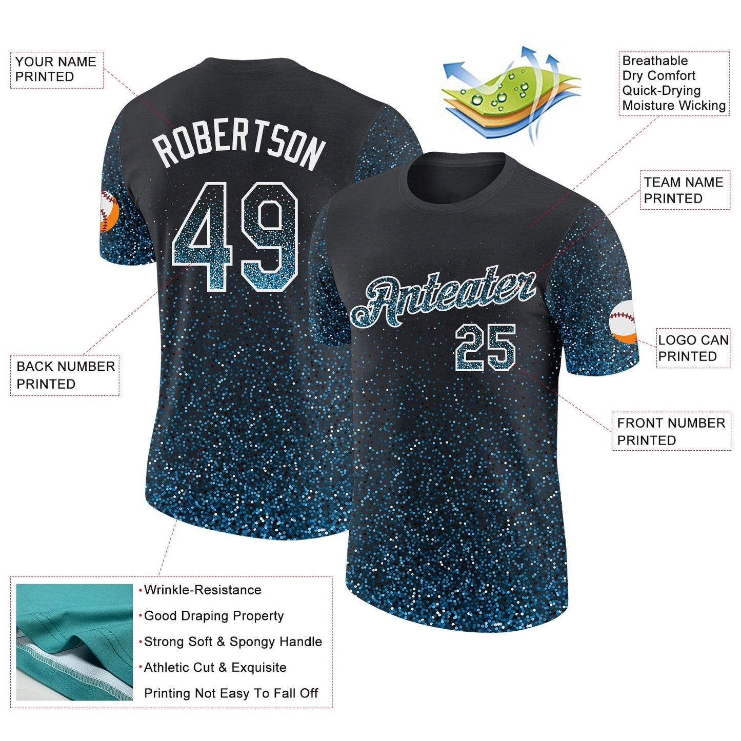 Custom Black Sky Blue-White Colorful Sparkle Gradient Dots Performance T-Shirt view 2