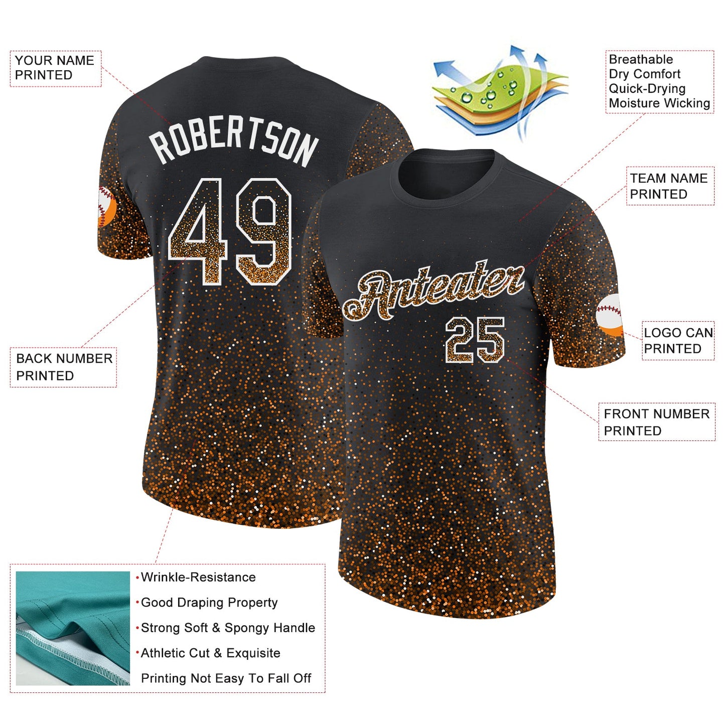 Custom Black Bay Orange-White Colorful Sparkle Gradient Dots Performance T-Shirt view 2