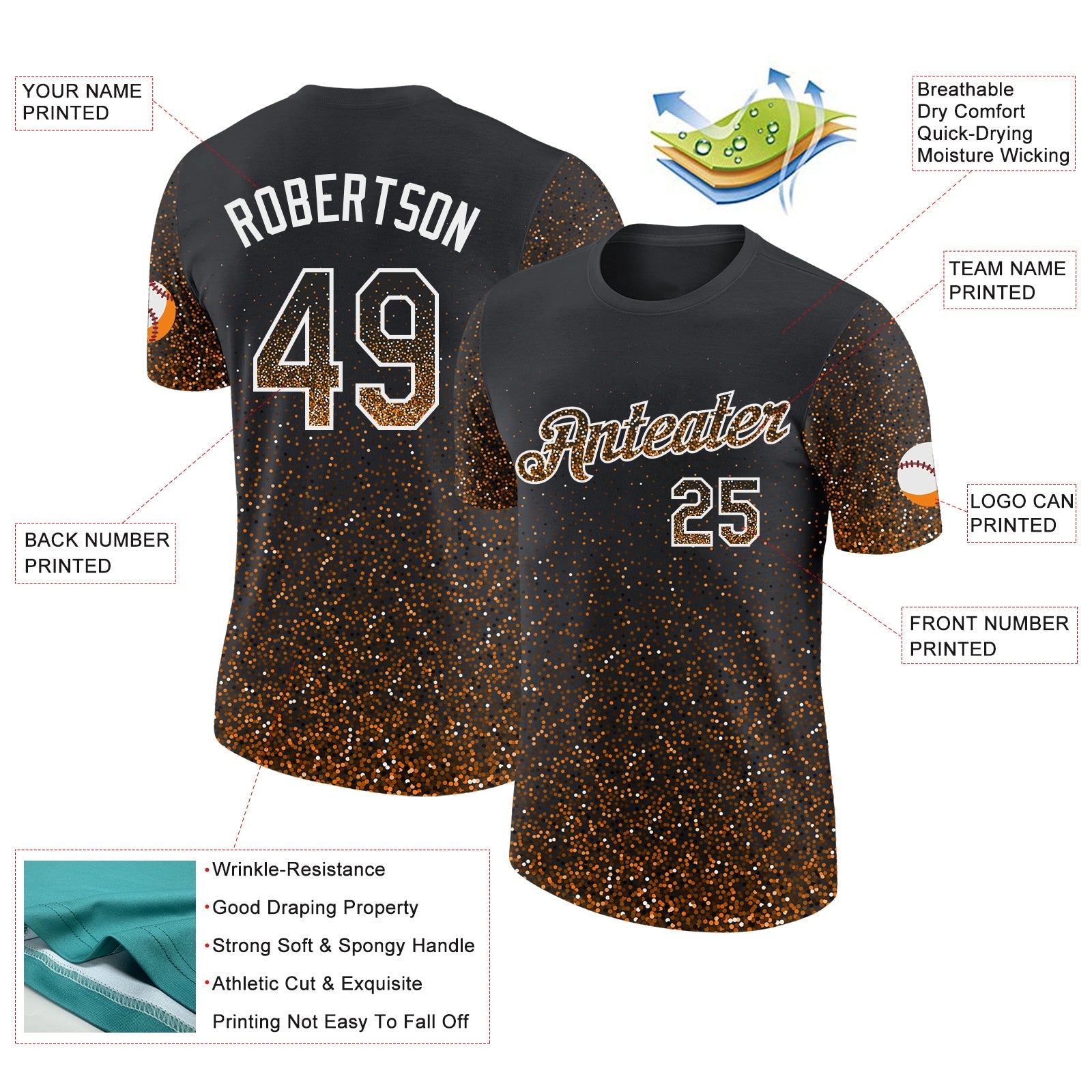 Custom Black Bay Orange-White Colorful Sparkle Gradient Dots Performance T-Shirt view 2