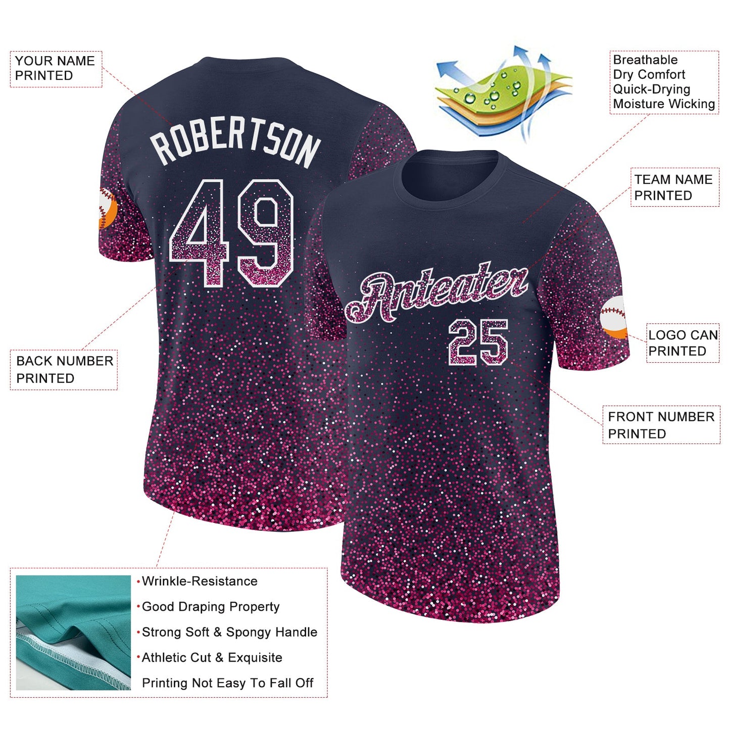 Custom Navy Pink-White Colorful Sparkle Gradient Dots Performance T-Shirt view 2