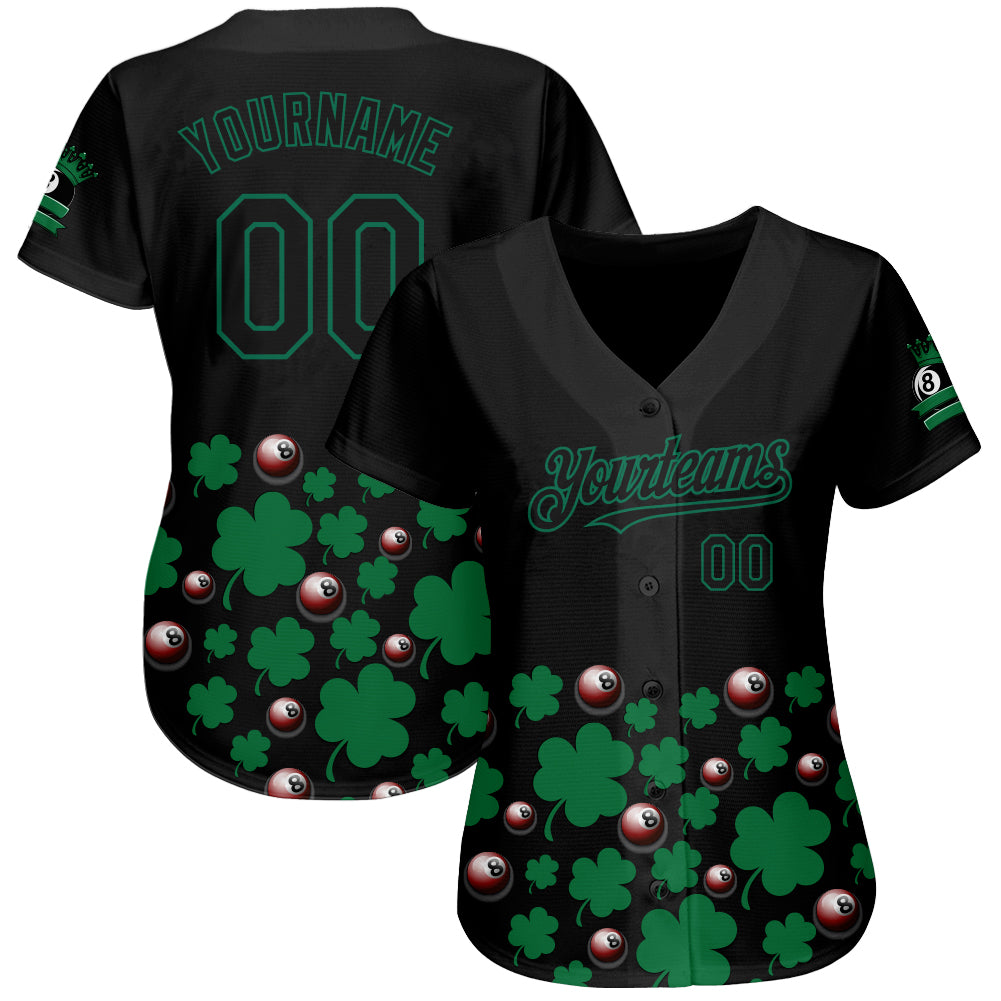 Custom Black Green 3D Pattern Design Clovers And Billiards Balls St. Patrick's Day Authentic Baseball Jersey view 2