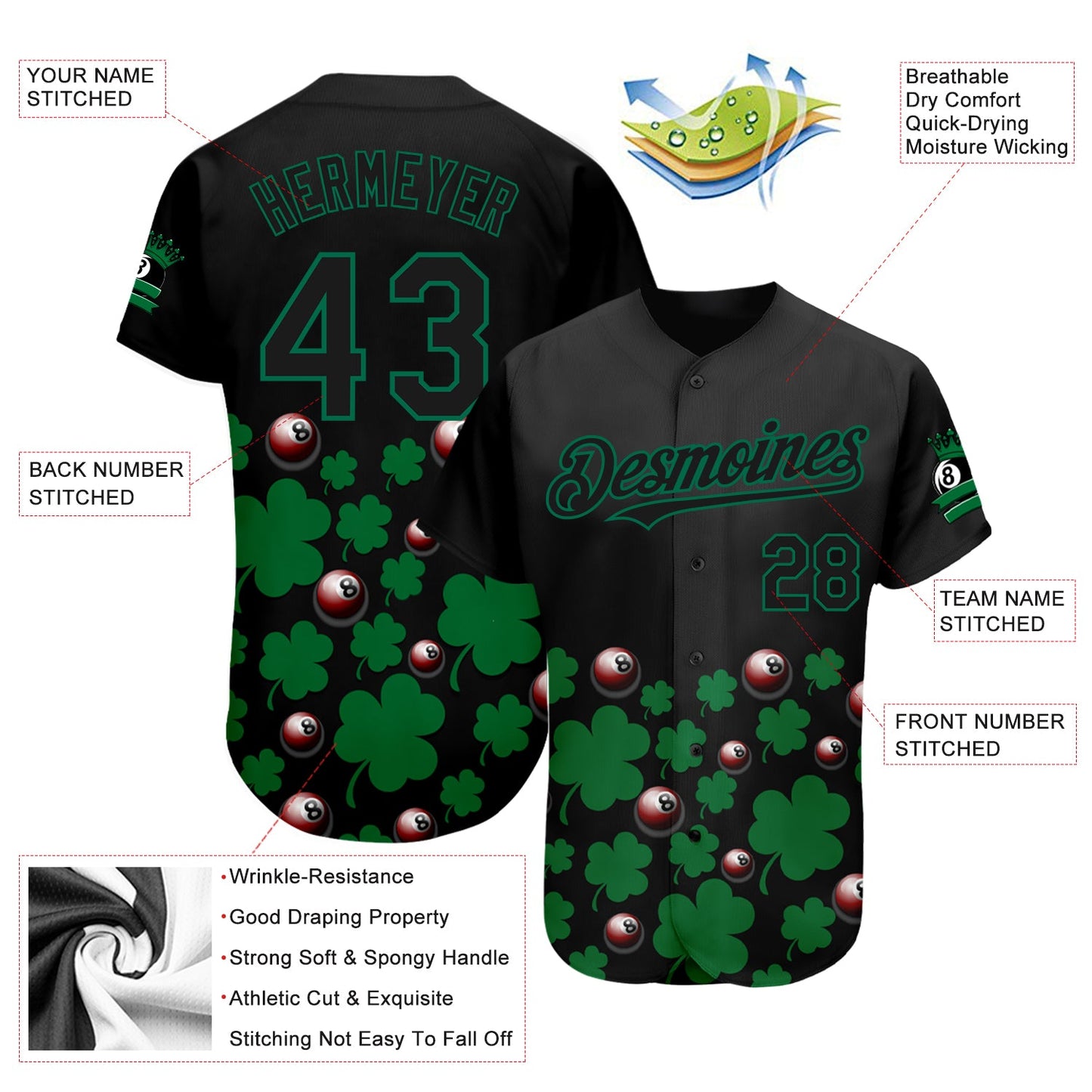 Custom Black Green 3D Pattern Design Clovers And Billiards Balls St. Patrick's Day Authentic Baseball Jersey view 3