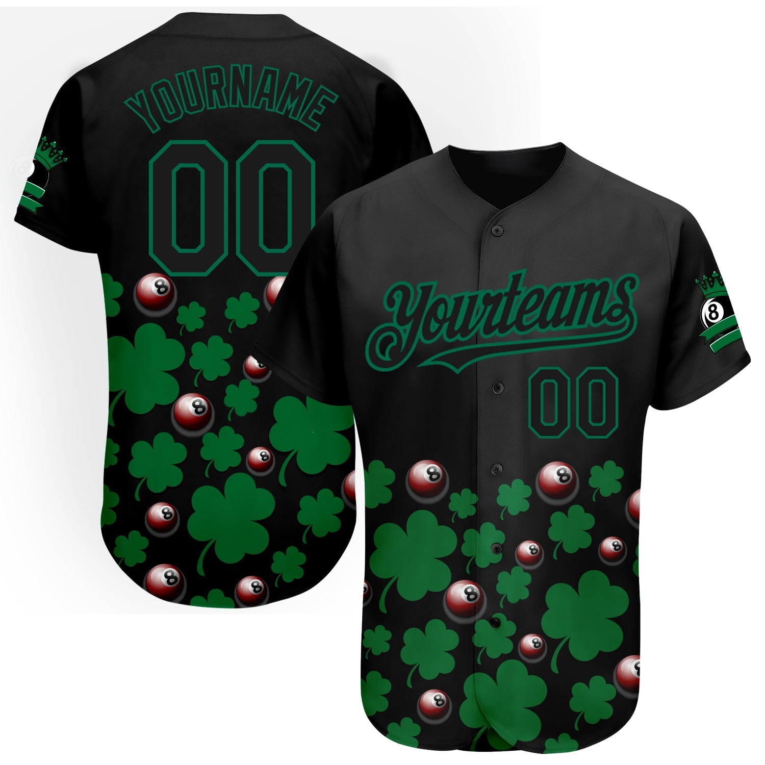 Custom Black Green 3D Pattern Design Clovers And Billiards Balls St. Patrick's Day Authentic Baseball Jersey - Main View