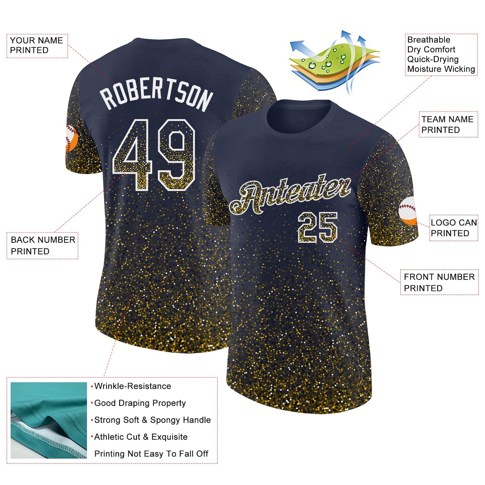 Custom Navy Yellow-White Colorful Sparkle Gradient Dots Performance T-Shirt view 2