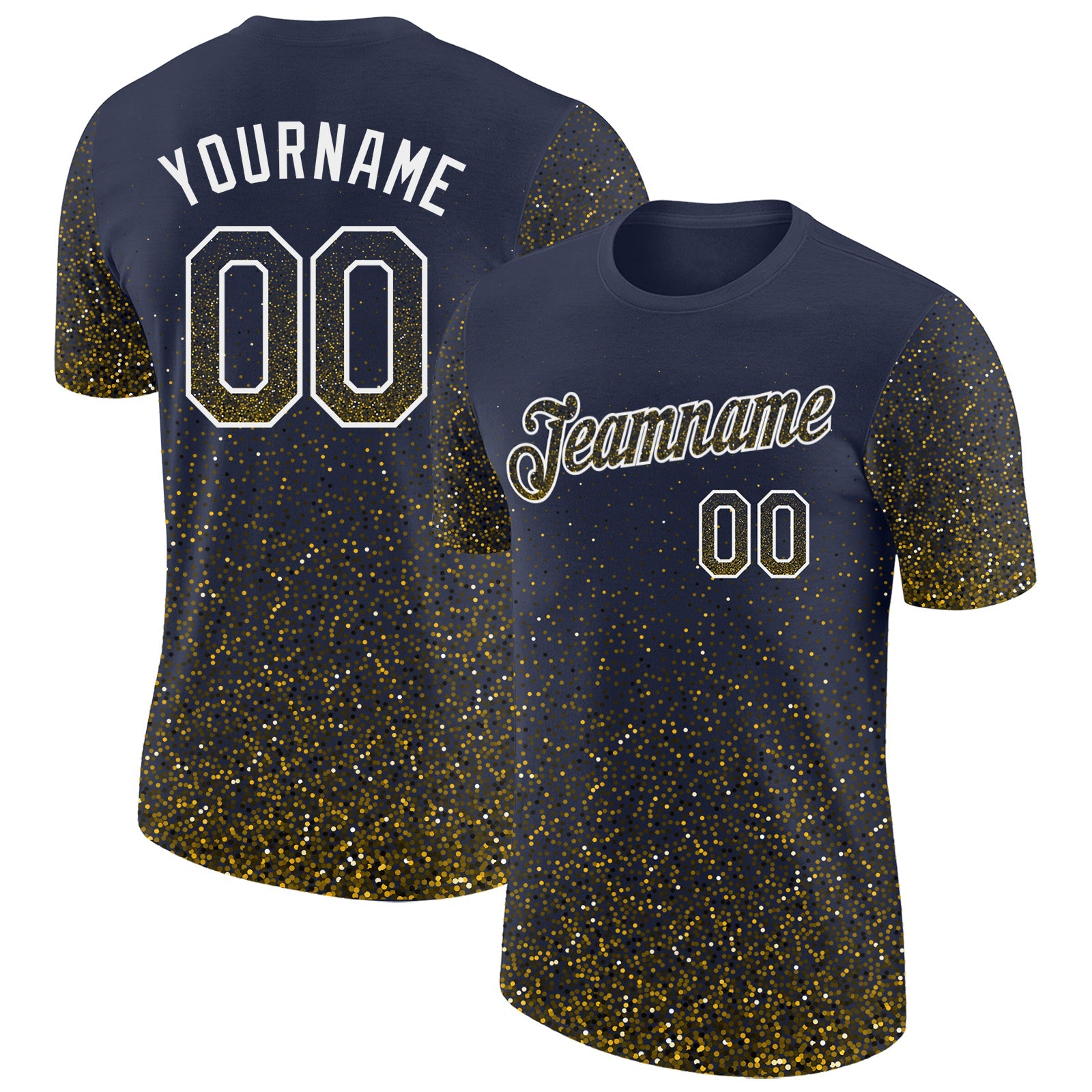 Custom Navy Yellow-White Colorful Sparkle Gradient Dots Performance T-Shirt - Main View