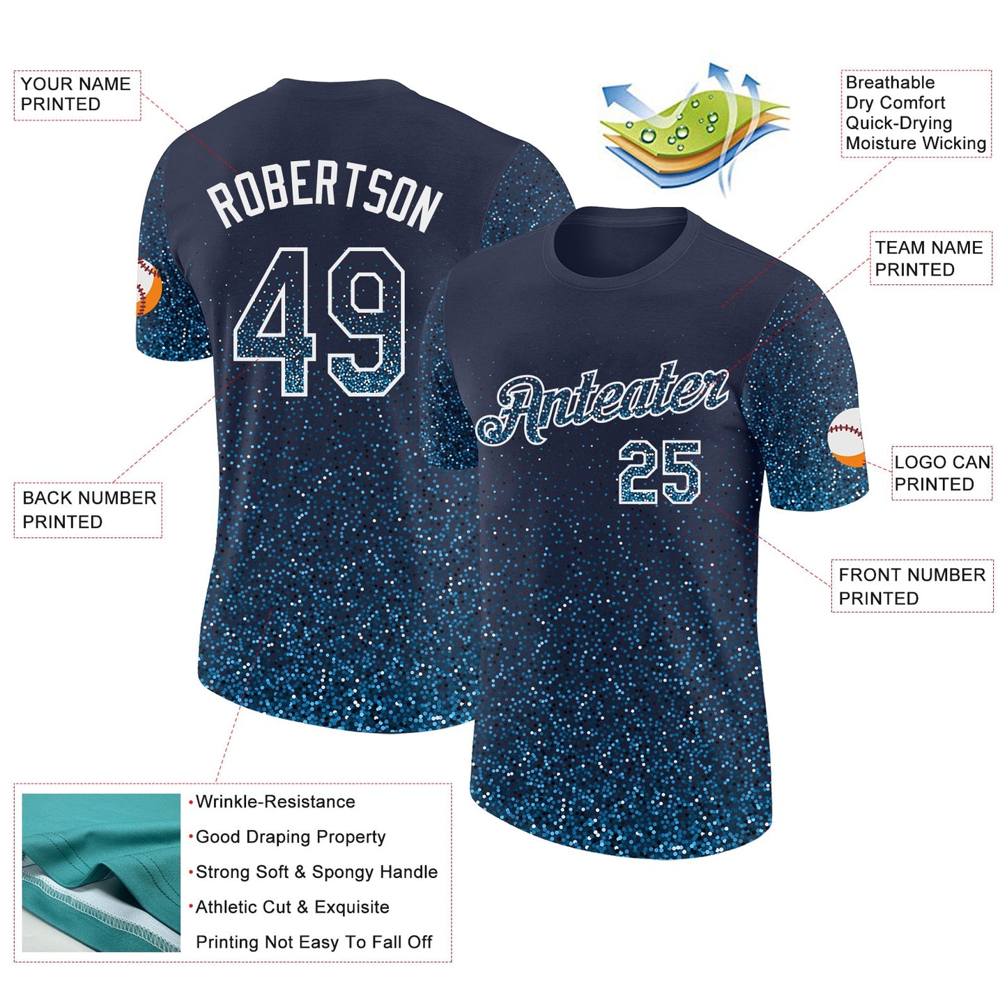 Custom Navy Sky Blue-White Colorful Sparkle Gradient Dots Performance T-Shirt view 2