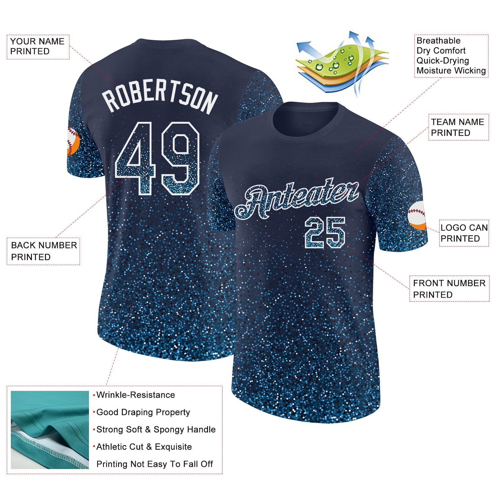 Custom Navy Sky Blue-White Colorful Sparkle Gradient Dots Performance T-Shirt view 2