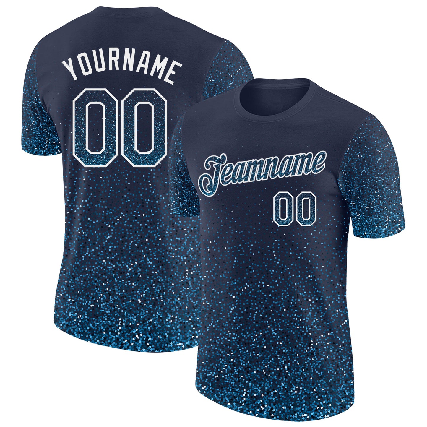Custom Navy Sky Blue-White Colorful Sparkle Gradient Dots Performance T-Shirt - Main View