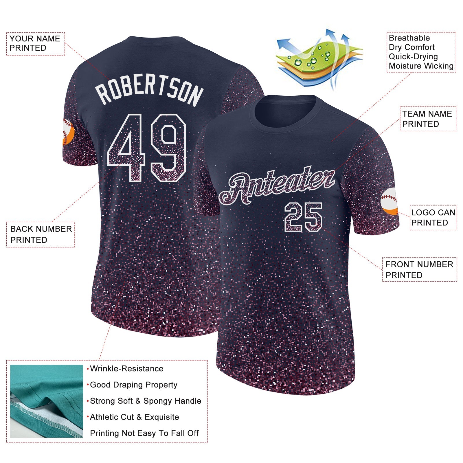 Custom Navy Light Pink-White Colorful Sparkle Gradient Dots Performance T-Shirt view 2