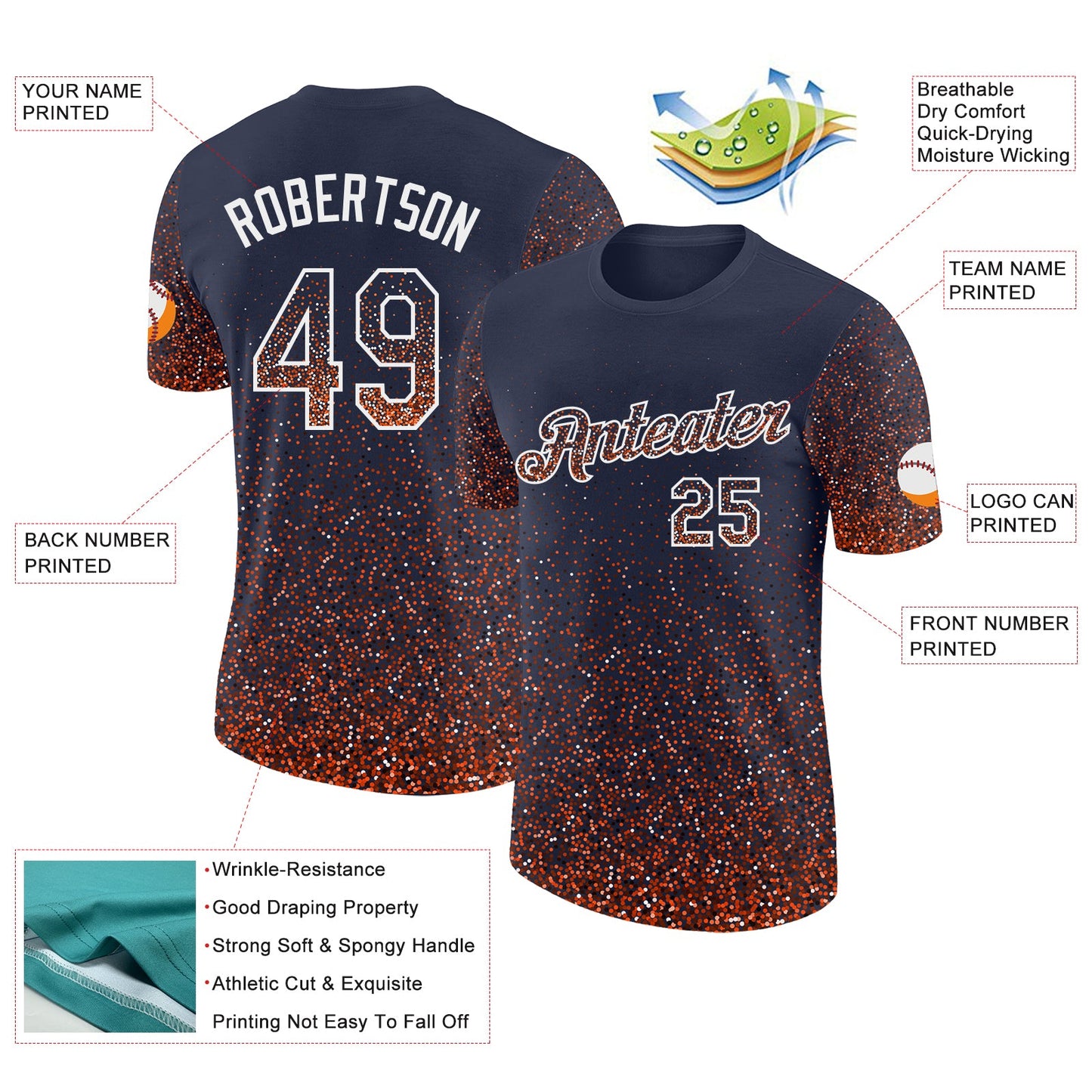 Custom Navy Orange-White Colorful Sparkle Gradient Dots Performance T-Shirt view 2