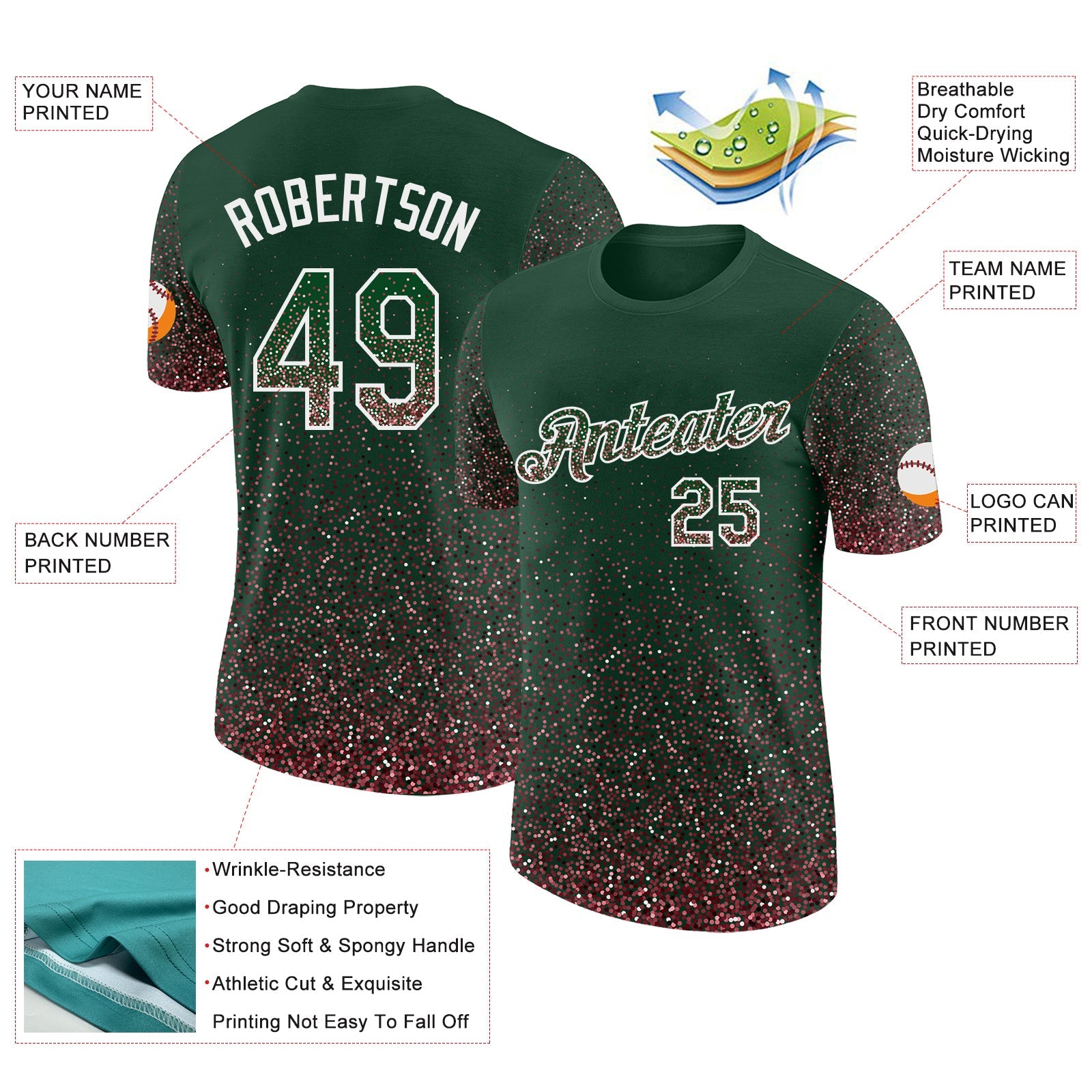 Custom Green Medium Pink-White Colorful Sparkle Gradient Dots Performance T-Shirt view 2