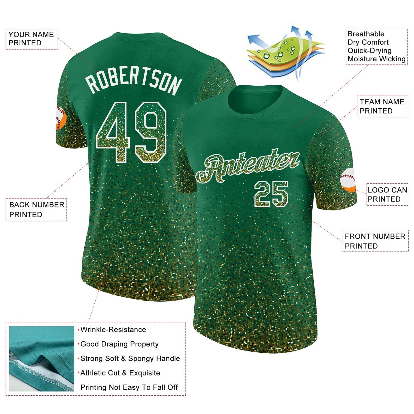 Custom Kelly Green Old Gold-White Colorful Sparkle Gradient Dots Performance T-Shirt view 2