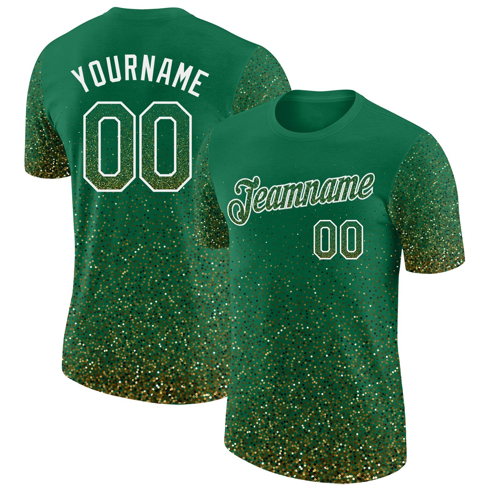 Custom Kelly Green Old Gold-White Colorful Sparkle Gradient Dots Performance T-Shirt - Main View