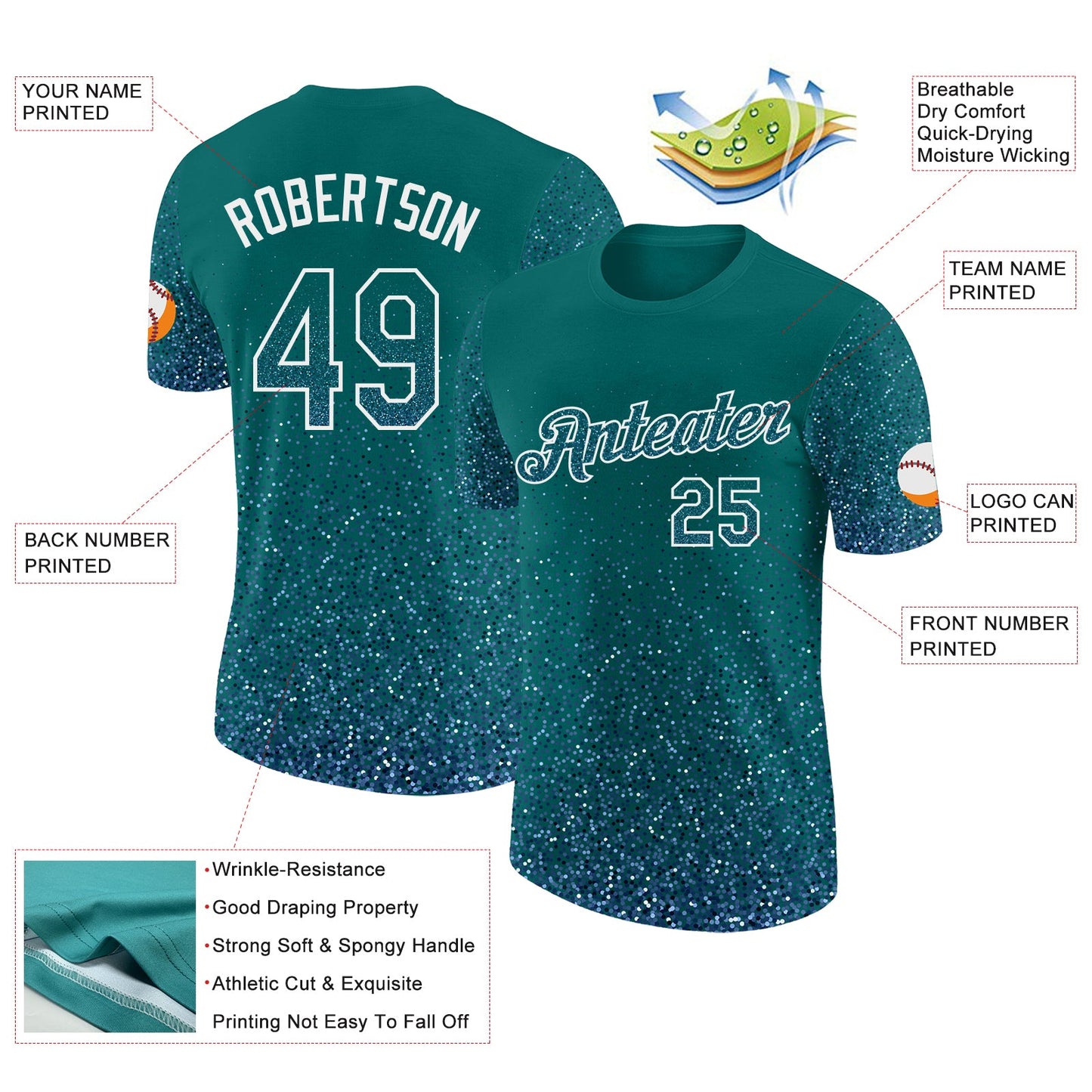 Custom Teal Light Blue-White Colorful Sparkle Gradient Dots Performance T-Shirt view 2