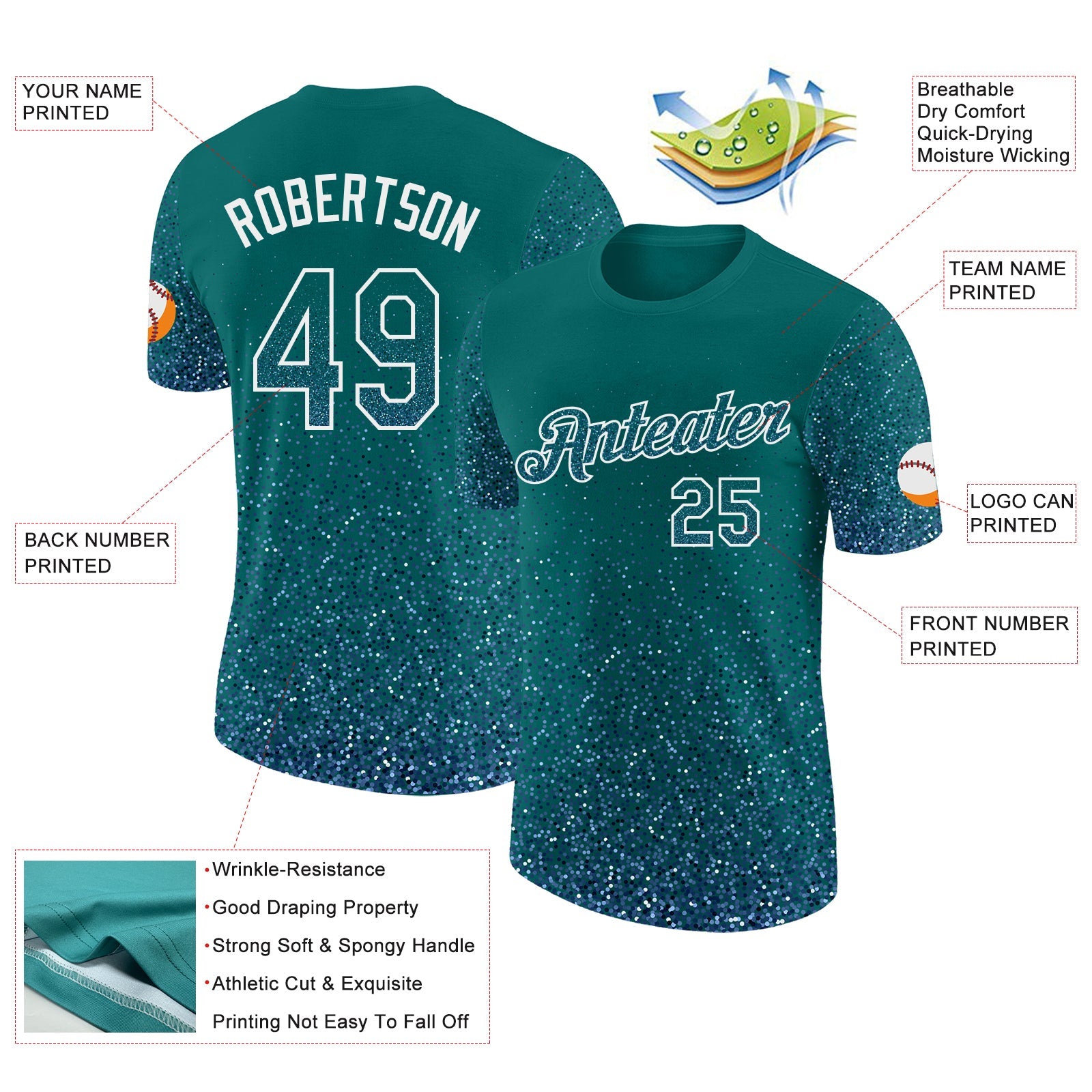 Custom Teal Light Blue-White Colorful Sparkle Gradient Dots Performance T-Shirt view 2