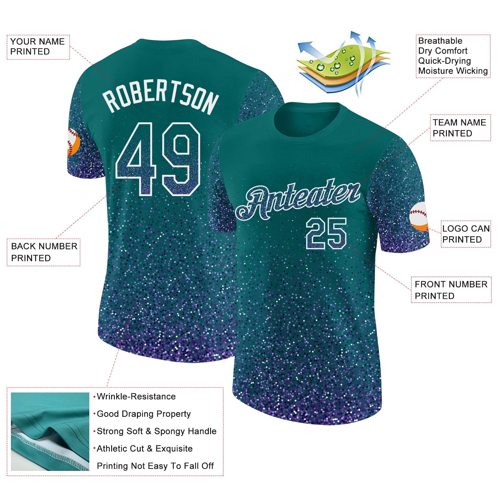 Custom Teal Purple-White Colorful Sparkle Gradient Dots Performance T-Shirt view 2
