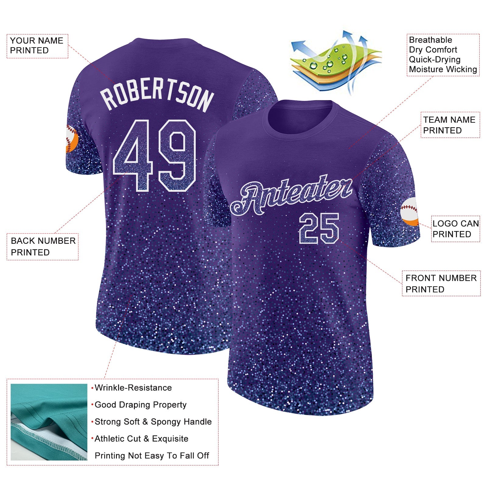 Custom Purple Light Blue-White Colorful Sparkle Gradient Dots Performance T-Shirt view 2