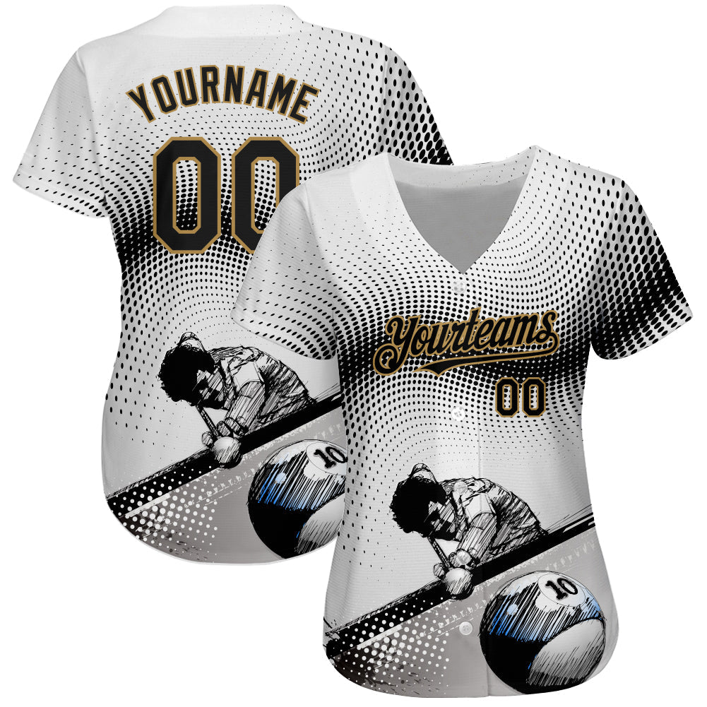 Custom White Black-Old Gold 3D Pattern Design Billiards Authentic Baseball Jersey view 2