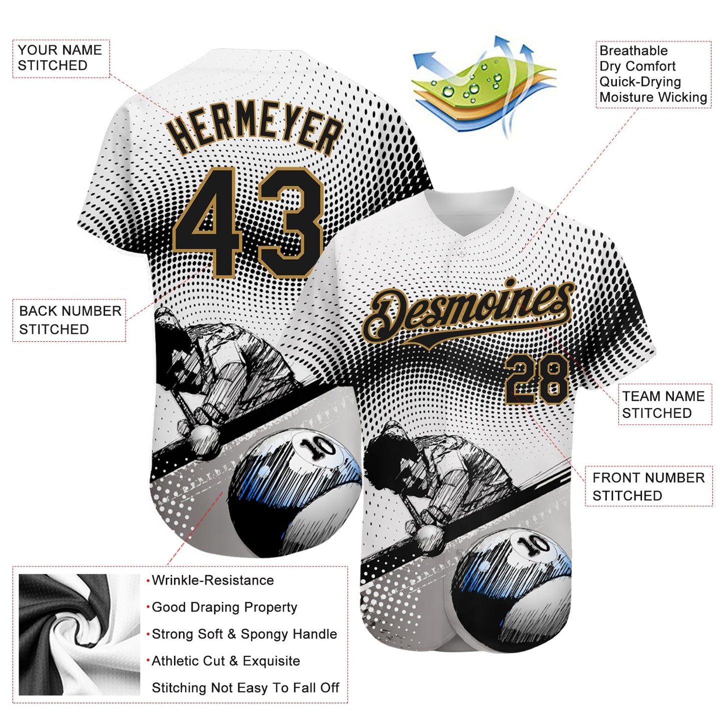 Custom White Black-Old Gold 3D Pattern Design Billiards Authentic Baseball Jersey view 3