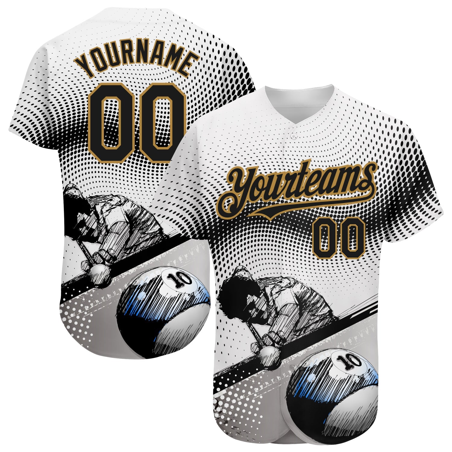 Custom White Black-Old Gold 3D Pattern Design Billiards Authentic Baseball Jersey - Main View