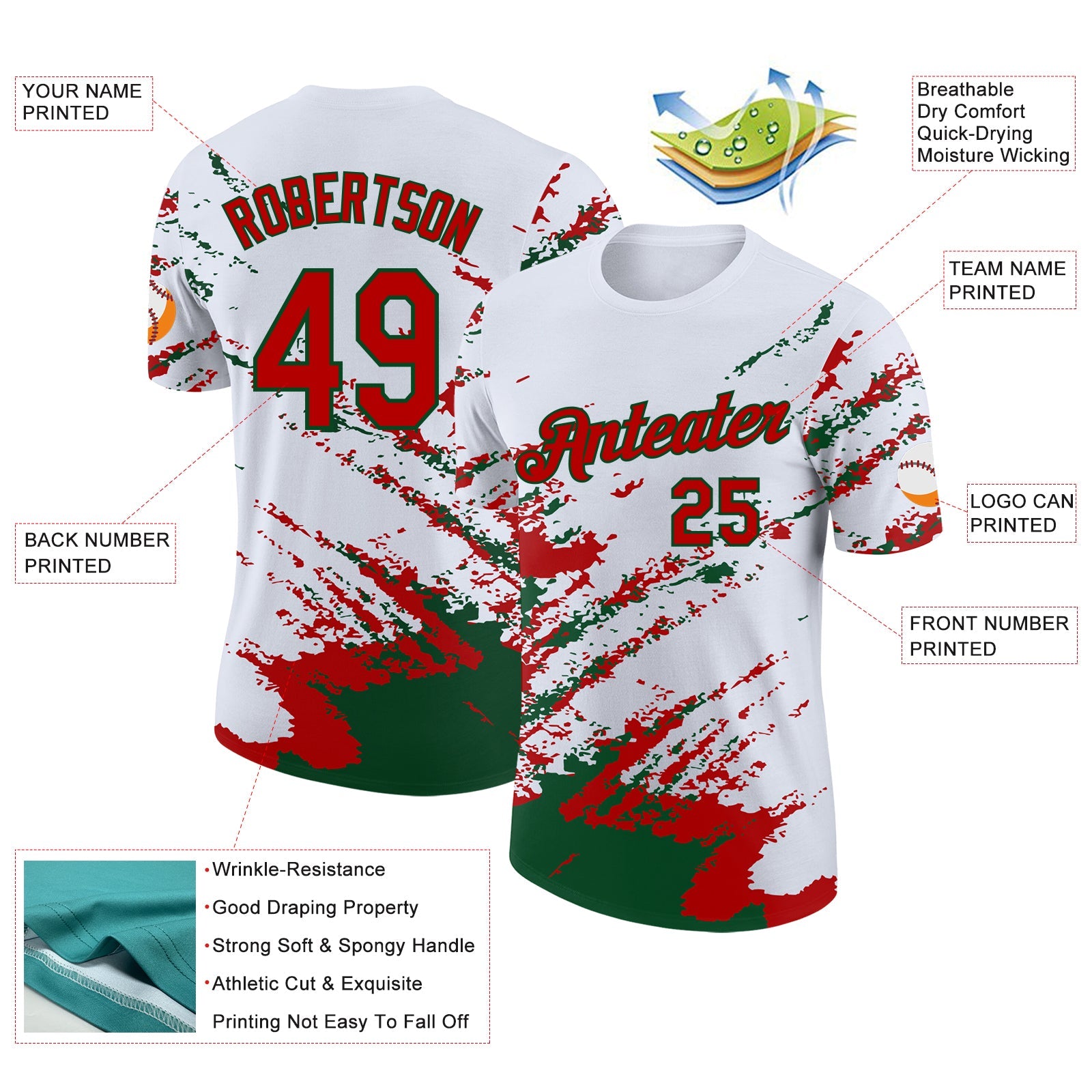 Custom White Red-Green Brush Stroke Shatter Splatter Performance T-Shirt view 2