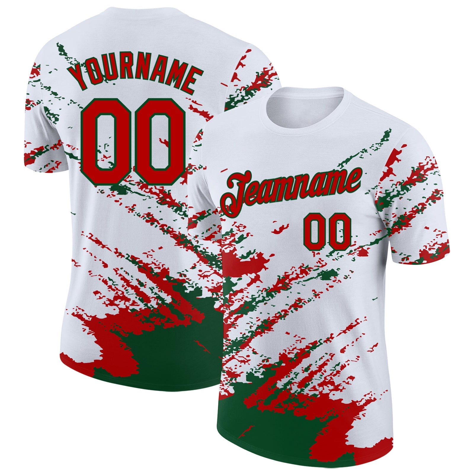 Custom White Red-Green Brush Stroke Shatter Splatter Performance T-Shirt - Main View