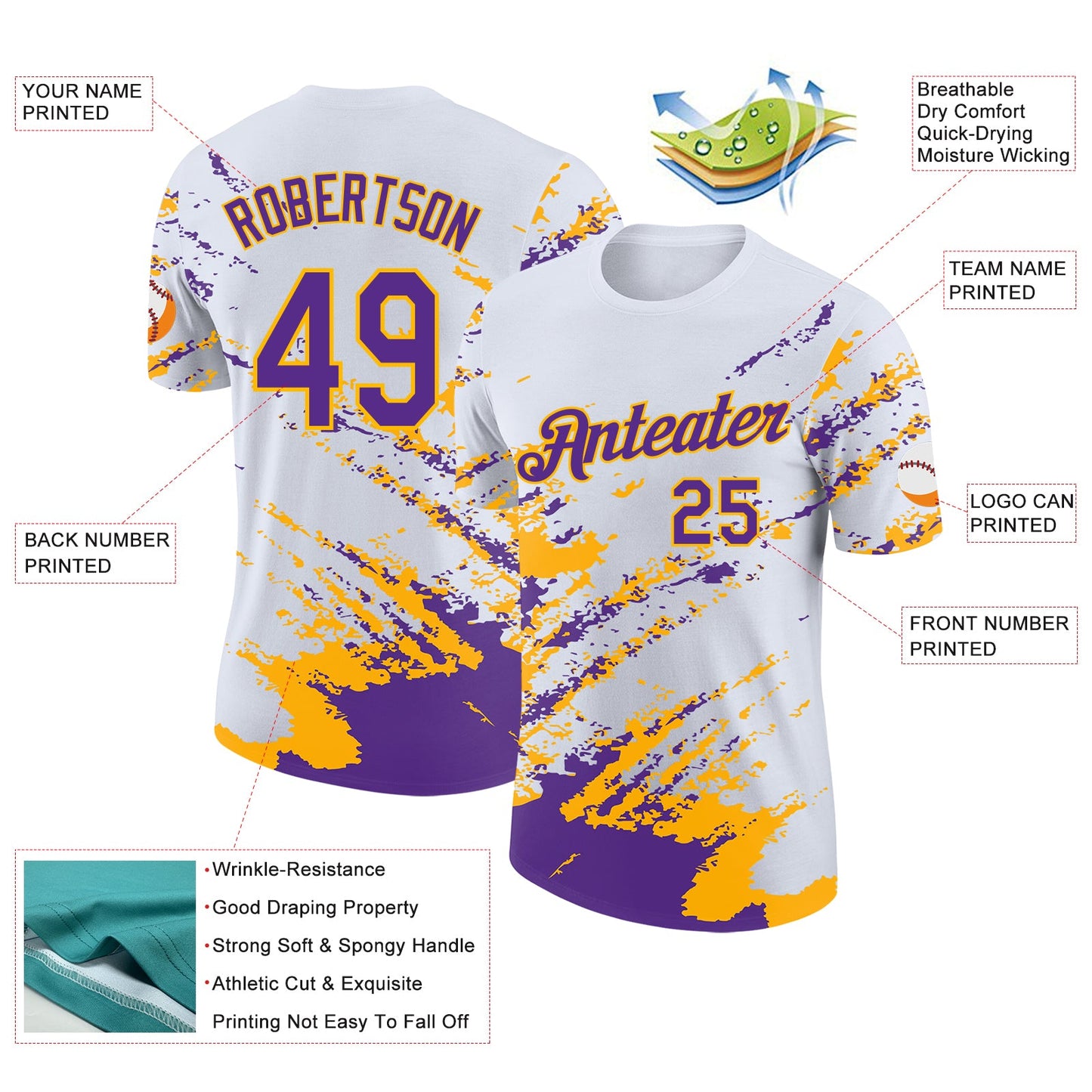 Custom White Purple-Gold Brush Stroke Shatter Splatter Performance T-Shirt view 2