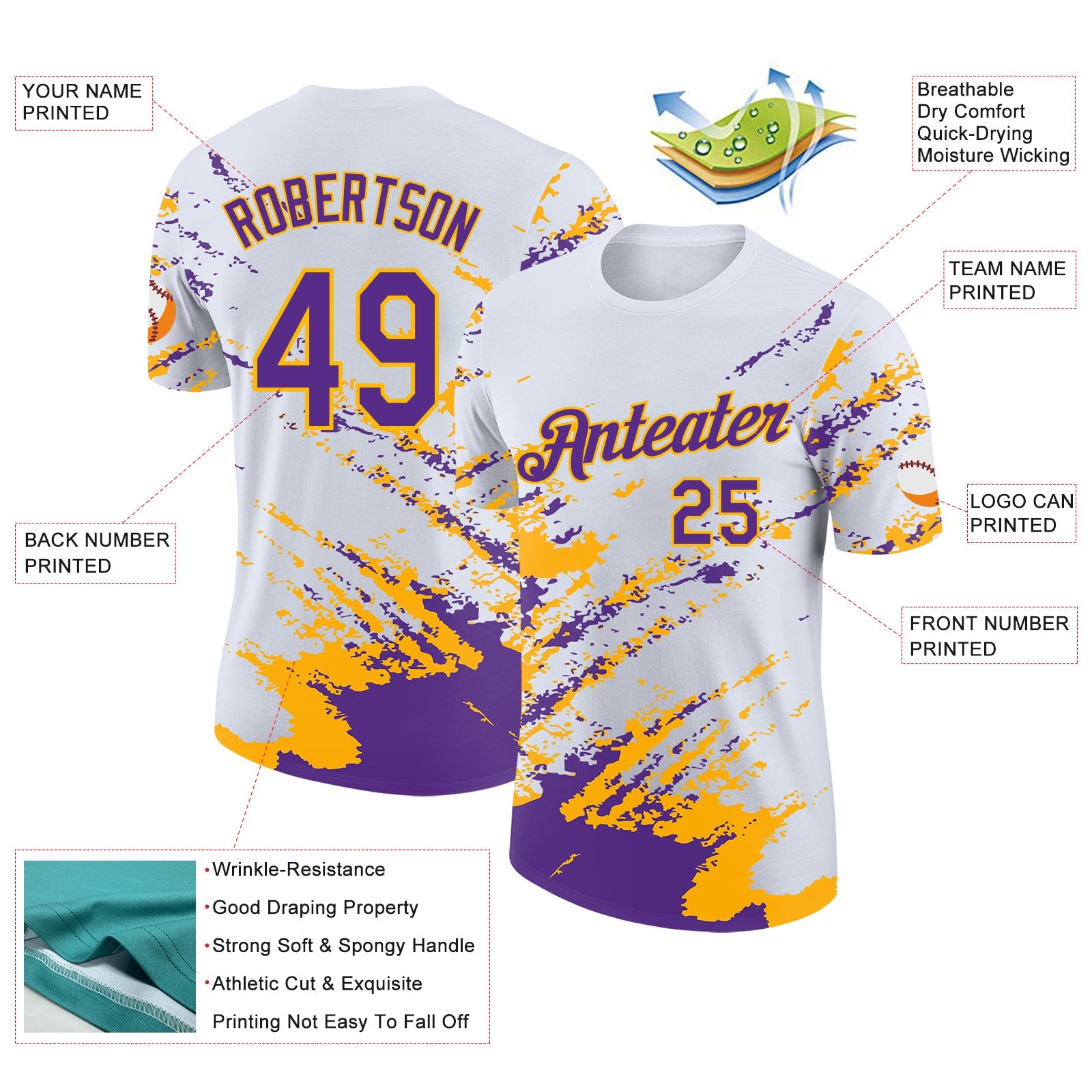 Custom White Purple-Gold Brush Stroke Shatter Splatter Performance T-Shirt view 2